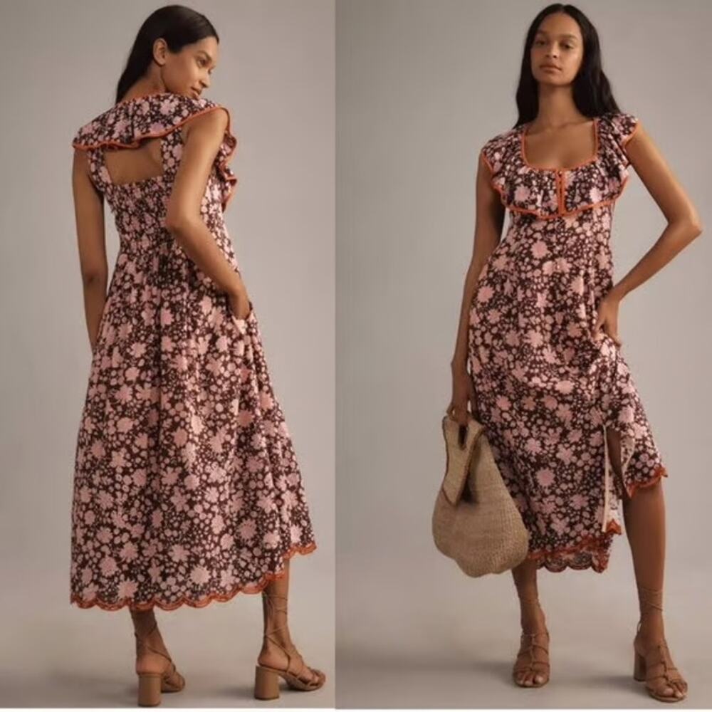 Anthropologie Maeve Scoop-Neck Ruffled Embroidered Midi Dress size XS New